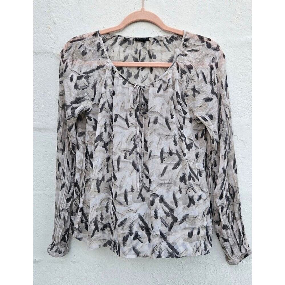 Club Monaco Womens Top Small Ivory Gray Leaf Print‎ Silk Sheer Long Sleeve Boho